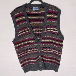 Vintage Etchings Grey Red Black Striped Button Up Sweater Vest S